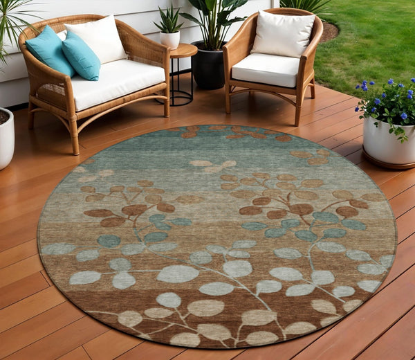 HomeRoots 5' Brown and Teal Blue Floral Area Rug - Durable, Washable, Perfect for Indoor and Outdoor Spaces 8' Round 625189