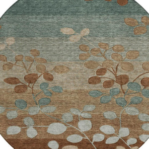 HomeRoots 5' Brown and Teal Blue Floral Area Rug - Durable, Washable, Perfect for Indoor and Outdoor Spaces 8' Round 625189