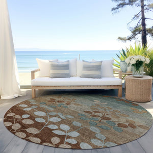 HomeRoots 5' Brown and Teal Blue Floral Area Rug - Durable, Washable, Perfect for Indoor and Outdoor Spaces 8' Round 625189