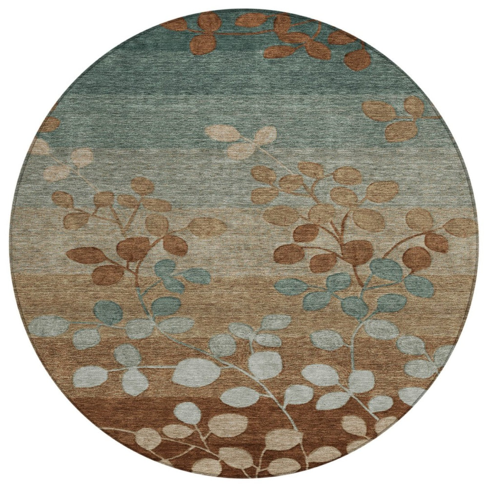 HomeRoots 5' Brown and Teal Blue Floral Area Rug - Durable, Washable, Perfect for Indoor and Outdoor Spaces 8' Round 625189