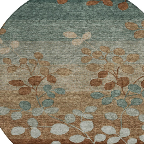HomeRoots 5' Brown and Teal Blue Floral Area Rug - Durable, Washable, Perfect for Indoor and Outdoor Spaces 8' Round 625189