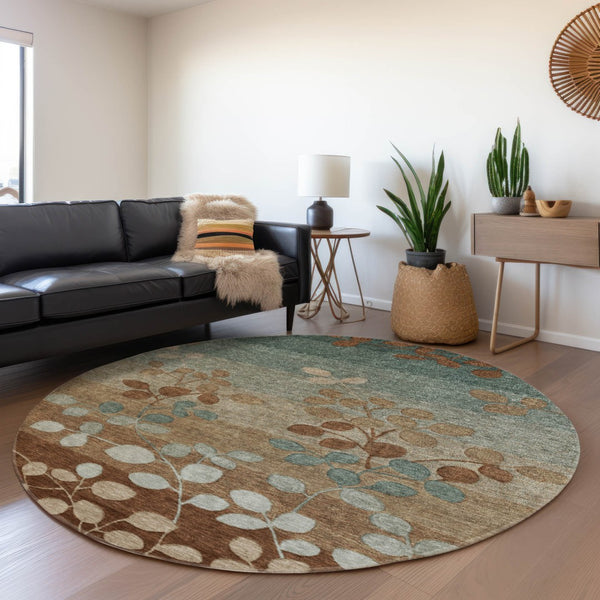HomeRoots 5' Brown and Teal Blue Floral Area Rug - Durable, Washable, Perfect for Indoor and Outdoor Spaces 8' Round 625189