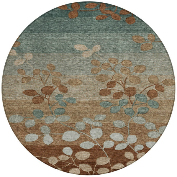 HomeRoots 5' Brown and Teal Blue Floral Area Rug - Durable, Washable, Perfect for Indoor and Outdoor Spaces 8' Round 625189
