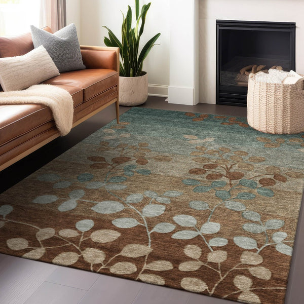 HomeRoots 5' Brown and Teal Blue Floral Area Rug - Durable, Washable, Perfect for Indoor and Outdoor Spaces 9' X 12' 625191