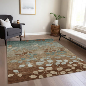 HomeRoots 5' Brown and Teal Blue Floral Area Rug - Durable, Washable, Perfect for Indoor and Outdoor Spaces 9' X 12' 625191