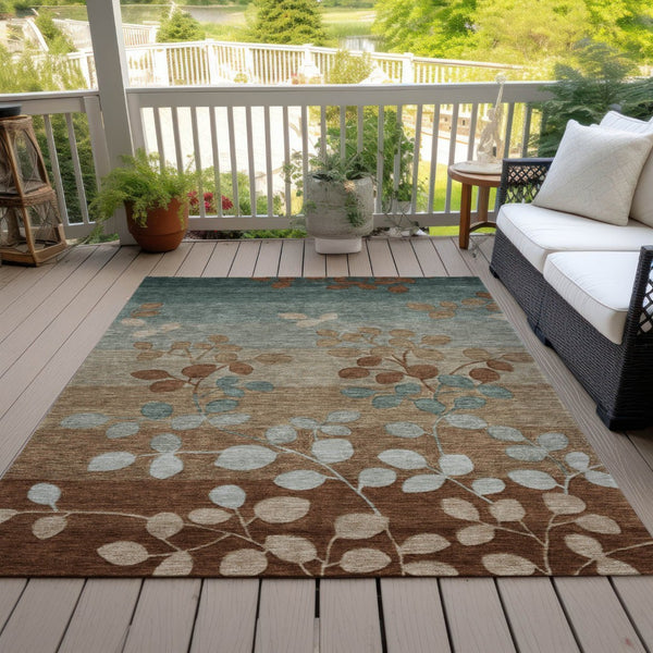 HomeRoots 5' Brown and Teal Blue Floral Area Rug - Durable, Washable, Perfect for Indoor and Outdoor Spaces 9' X 12' 625191