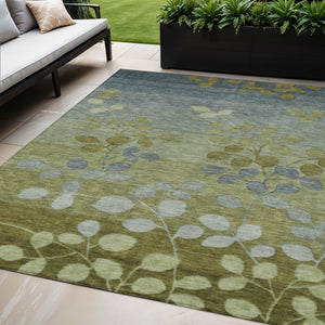 HomeRoots 5' Stylish Olive Green and Gray Floral Washable Area Rug for Indoor and Outdoor Living Spaces 5' X 8' 625194
