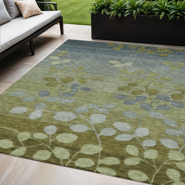 HomeRoots 5' Stylish Olive Green and Gray Floral Washable Area Rug for Indoor and Outdoor Living Spaces 5' X 8' 625194