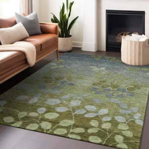 HomeRoots 5' Stylish Olive Green and Gray Floral Washable Area Rug for Indoor and Outdoor Living Spaces 5' X 8' 625194