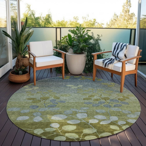 HomeRoots 5' Stylish Olive Green and Gray Floral Washable Area Rug for Indoor and Outdoor Living Spaces 8' Round 625195