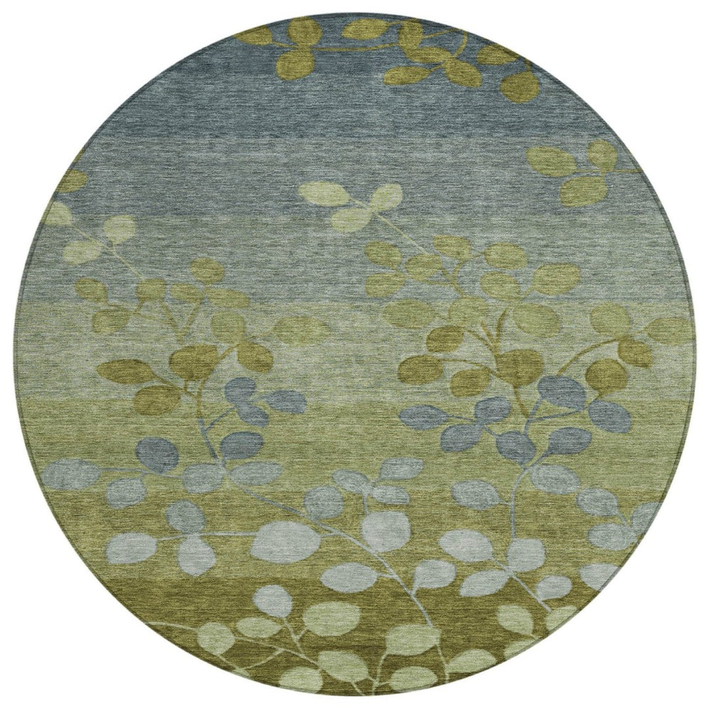 HomeRoots 5' Stylish Olive Green and Gray Floral Washable Area Rug for Indoor and Outdoor Living Spaces 8' Round 625195
