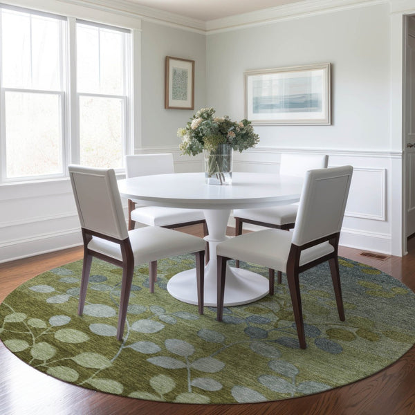 HomeRoots 5' Stylish Olive Green and Gray Floral Washable Area Rug for Indoor and Outdoor Living Spaces 8' Round 625195