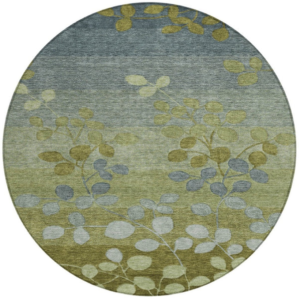 HomeRoots 5' Stylish Olive Green and Gray Floral Washable Area Rug for Indoor and Outdoor Living Spaces 8' Round 625195