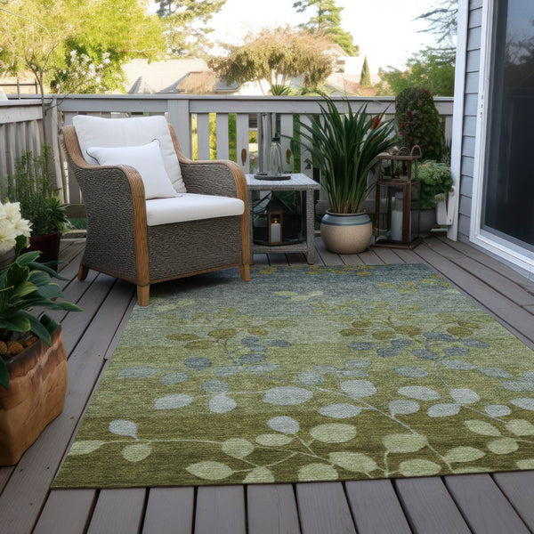 HomeRoots 5' Stylish Olive Green and Gray Floral Washable Area Rug for Indoor and Outdoor Living Spaces 10' X 14' 625198