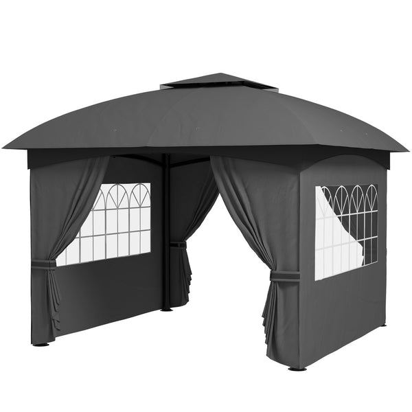 English Elm Outsunny 11x11 Steel Gazebo with Church Windows Two Tier Roof and Privacy Curtains W2225P485555