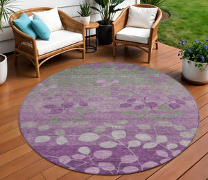 HomeRoots 5' Purple and Gray Floral Washable Area Rug - Perfect for Indoor and Outdoor High-Traffic Spaces 8' Round 625201