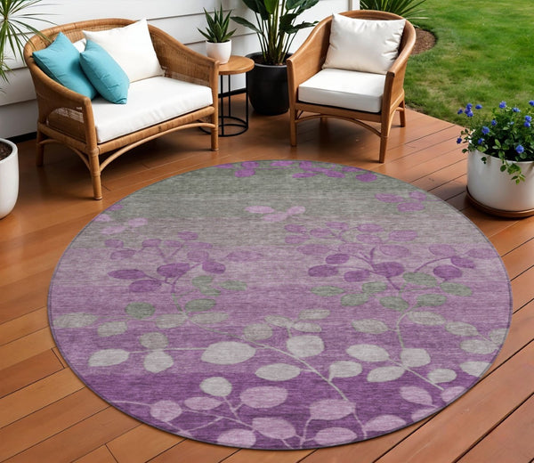 HomeRoots 5' Purple and Gray Floral Washable Area Rug - Perfect for Indoor and Outdoor High-Traffic Spaces 8' Round 625201
