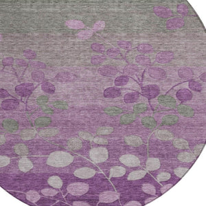 HomeRoots 5' Purple and Gray Floral Washable Area Rug - Perfect for Indoor and Outdoor High-Traffic Spaces 8' Round 625201