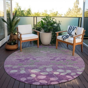 HomeRoots 5' Purple and Gray Floral Washable Area Rug - Perfect for Indoor and Outdoor High-Traffic Spaces 8' Round 625201
