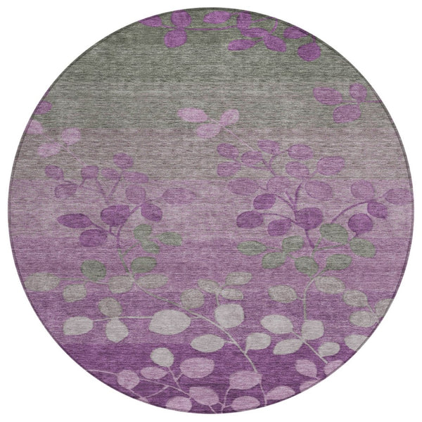 HomeRoots 5' Purple and Gray Floral Washable Area Rug - Perfect for Indoor and Outdoor High-Traffic Spaces 8' Round 625201