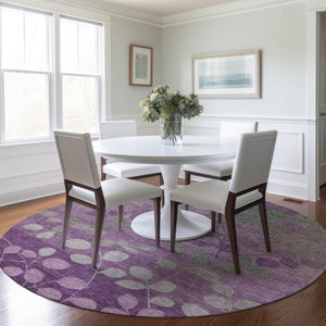 HomeRoots 5' Purple and Gray Floral Washable Area Rug - Perfect for Indoor and Outdoor High-Traffic Spaces 8' Round 625201