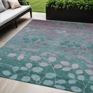 HomeRoots 5' Durable Teal Blue and Gray Floral Indoor Outdoor Area Rug - Machine Washable, Stylish & Versatile 5' X 8' 625206