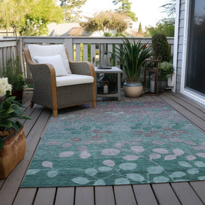 HomeRoots 5' Durable Teal Blue and Gray Floral Indoor Outdoor Area Rug - Machine Washable, Stylish & Versatile 5' X 8' 625206