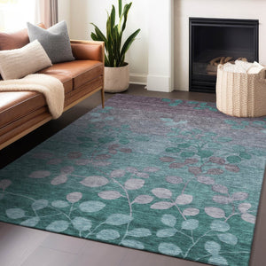 HomeRoots 5' Durable Teal Blue and Gray Floral Indoor Outdoor Area Rug - Machine Washable, Stylish & Versatile 5' X 8' 625206