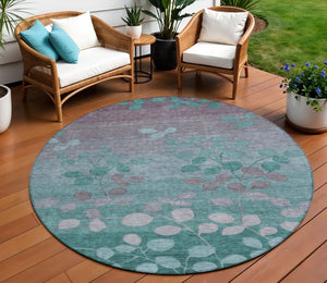 HomeRoots 5' Durable Teal Blue and Gray Floral Indoor Outdoor Area Rug - Machine Washable, Stylish & Versatile 8' Round 625207