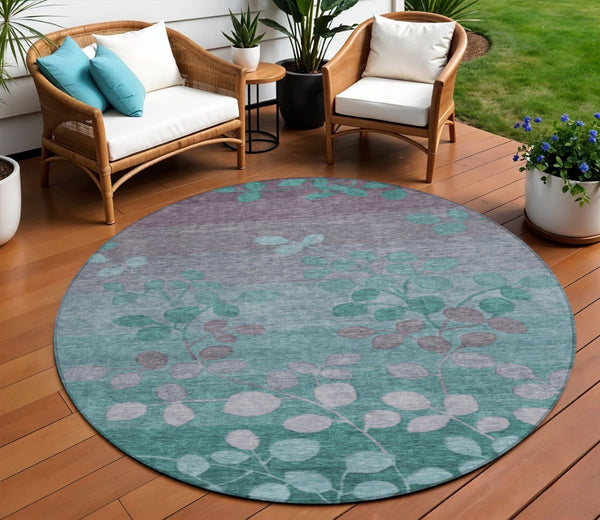 HomeRoots 5' Durable Teal Blue and Gray Floral Indoor Outdoor Area Rug - Machine Washable, Stylish & Versatile 8' Round 625207