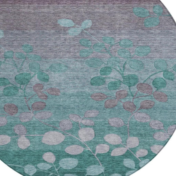 HomeRoots 5' Durable Teal Blue and Gray Floral Indoor Outdoor Area Rug - Machine Washable, Stylish & Versatile 8' Round 625207