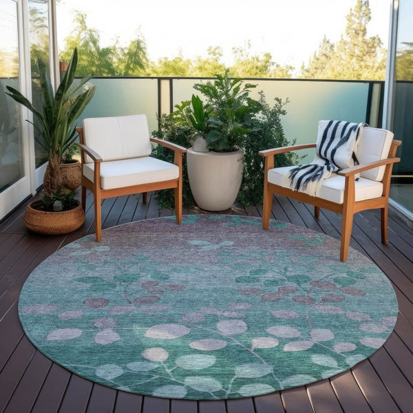 HomeRoots 5' Durable Teal Blue and Gray Floral Indoor Outdoor Area Rug - Machine Washable, Stylish & Versatile 8' Round 625207