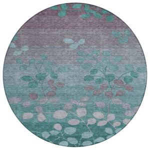 HomeRoots 5' Durable Teal Blue and Gray Floral Indoor Outdoor Area Rug - Machine Washable, Stylish & Versatile 8' Round 625207