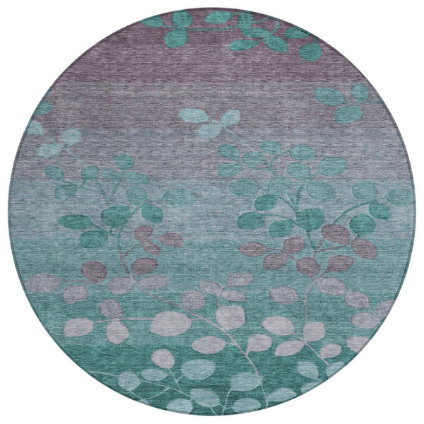 HomeRoots 5' Durable Teal Blue and Gray Floral Indoor Outdoor Area Rug - Machine Washable, Stylish & Versatile 8' Round 625207