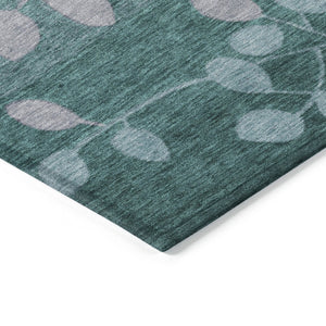 HomeRoots 5' Durable Teal Blue and Gray Floral Indoor Outdoor Area Rug - Machine Washable, Stylish & Versatile 8' Round 625207