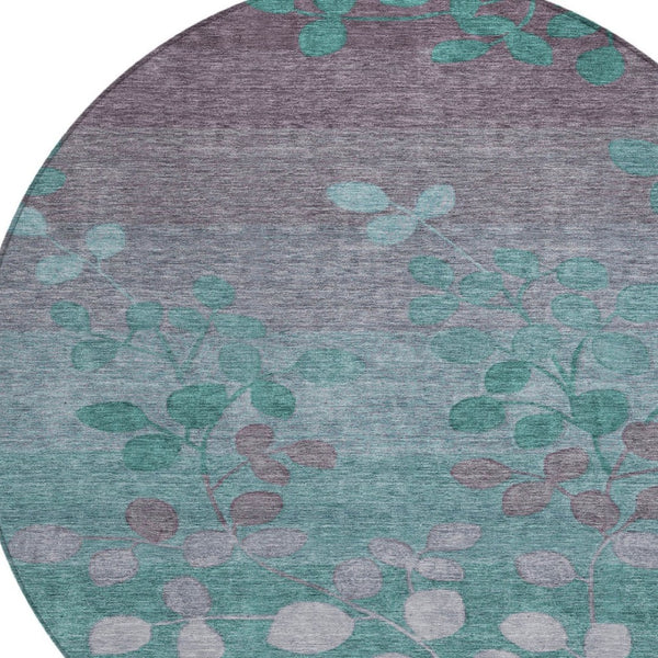 HomeRoots 5' Durable Teal Blue and Gray Floral Indoor Outdoor Area Rug - Machine Washable, Stylish & Versatile 8' Round 625207