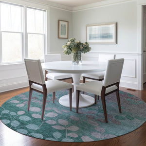 HomeRoots 5' Durable Teal Blue and Gray Floral Indoor Outdoor Area Rug - Machine Washable, Stylish & Versatile 8' Round 625207
