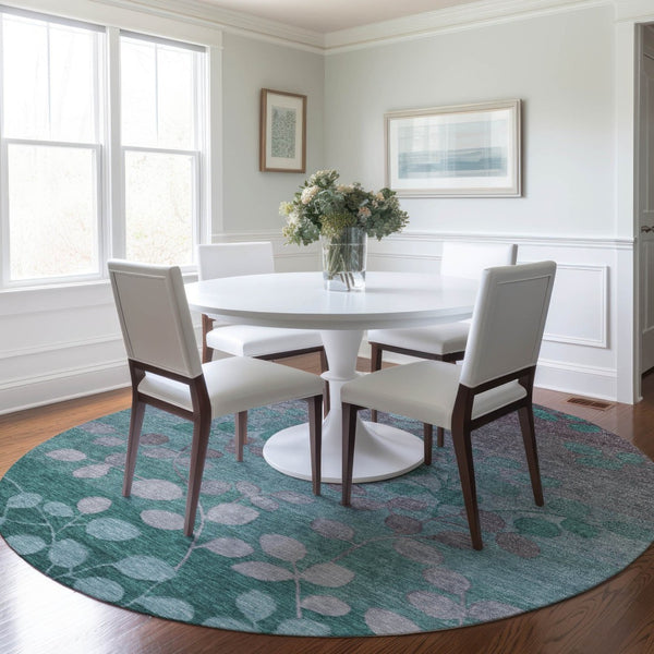 HomeRoots 5' Durable Teal Blue and Gray Floral Indoor Outdoor Area Rug - Machine Washable, Stylish & Versatile 8' Round 625207