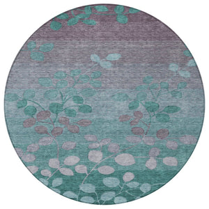 HomeRoots 5' Durable Teal Blue and Gray Floral Indoor Outdoor Area Rug - Machine Washable, Stylish & Versatile 8' Round 625207