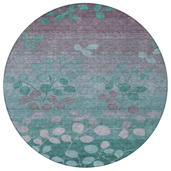 HomeRoots 5' Durable Teal Blue and Gray Floral Indoor Outdoor Area Rug - Machine Washable, Stylish & Versatile 8' Round 625207