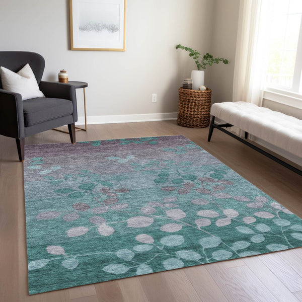 HomeRoots 5' Durable Teal Blue and Gray Floral Indoor Outdoor Area Rug - Machine Washable, Stylish & Versatile 8' X 10' 625208