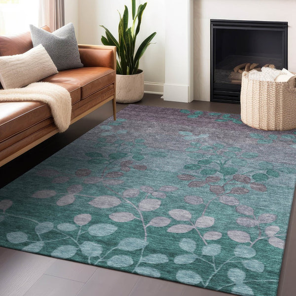 HomeRoots 5' Durable Teal Blue and Gray Floral Indoor Outdoor Area Rug - Machine Washable, Stylish & Versatile 9' X 12' 625209