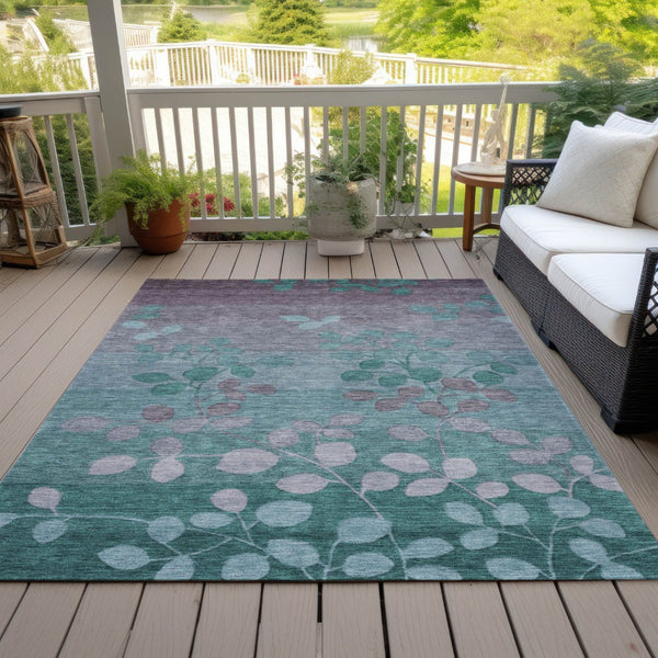 HomeRoots 5' Durable Teal Blue and Gray Floral Indoor Outdoor Area Rug - Machine Washable, Stylish & Versatile 9' X 12' 625209