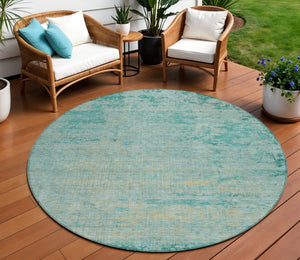HomeRoots 5' Teal Blue and Wheat Abstract Area Rug - Stylish, Washable, Durable for Indoor and Outdoor Use 8' Round 625237