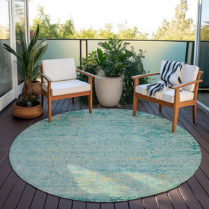 HomeRoots 5' Teal Blue and Wheat Abstract Area Rug - Stylish, Washable, Durable for Indoor and Outdoor Use 8' Round 625237