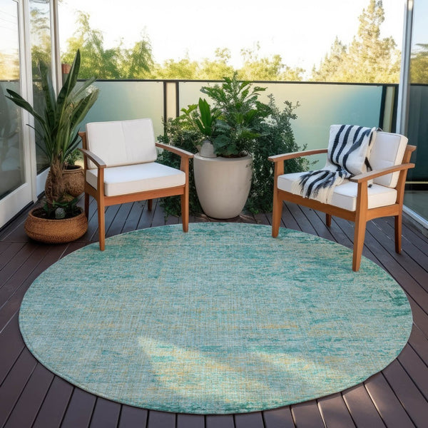 HomeRoots 5' Teal Blue and Wheat Abstract Area Rug - Stylish, Washable, Durable for Indoor and Outdoor Use 8' Round 625237