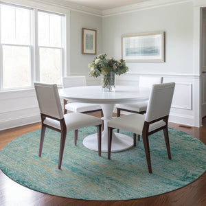 HomeRoots 5' Teal Blue and Wheat Abstract Area Rug - Stylish, Washable, Durable for Indoor and Outdoor Use 8' Round 625237