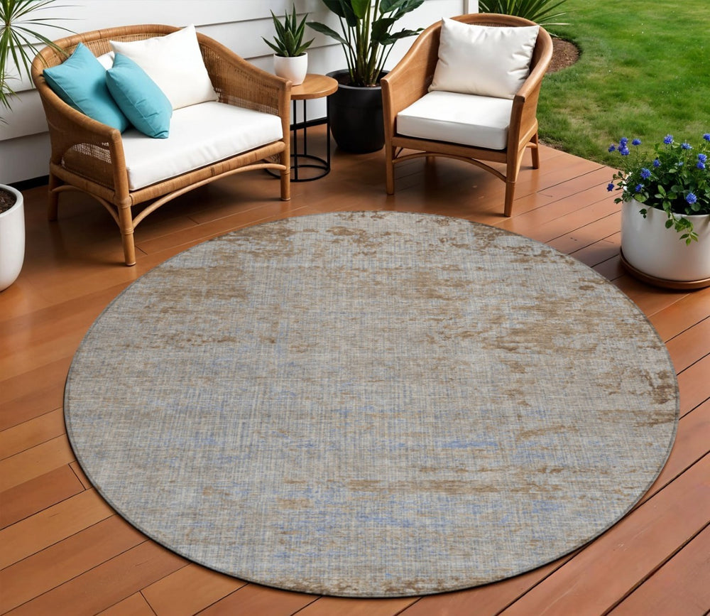 HomeRoots 5' Abstract Taupe and Denim Blue Washable Area Rug for Indoor and Outdoor Spaces – Durable Style 8' Round 625243