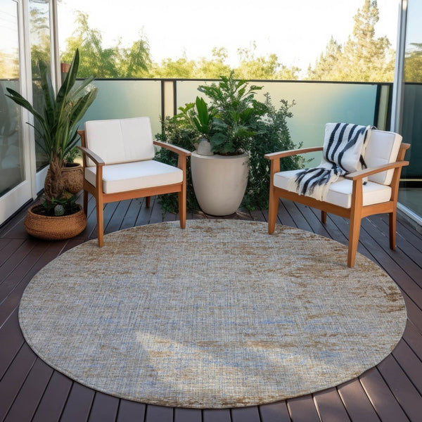 HomeRoots 5' Abstract Taupe and Denim Blue Washable Area Rug for Indoor and Outdoor Spaces – Durable Style 8' Round 625243