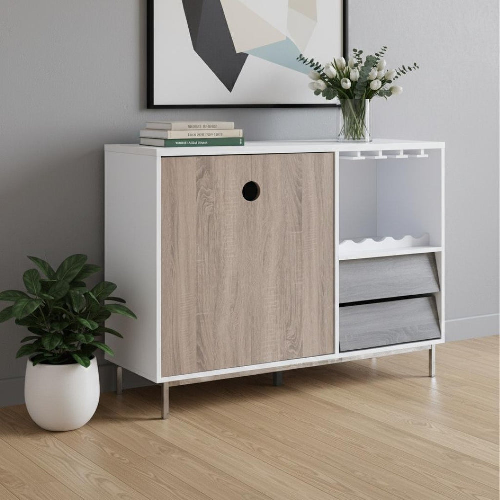 HomeRoots 47" White Multifunctional Sideboard - Sleek Two-Door Cabinet with Drawers & Wine Rack for Storage 625251